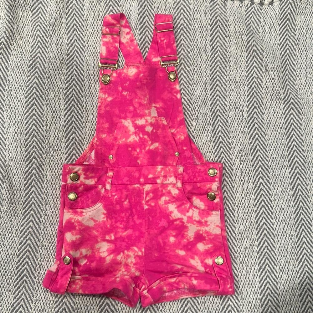Pink tie dye gold button overall